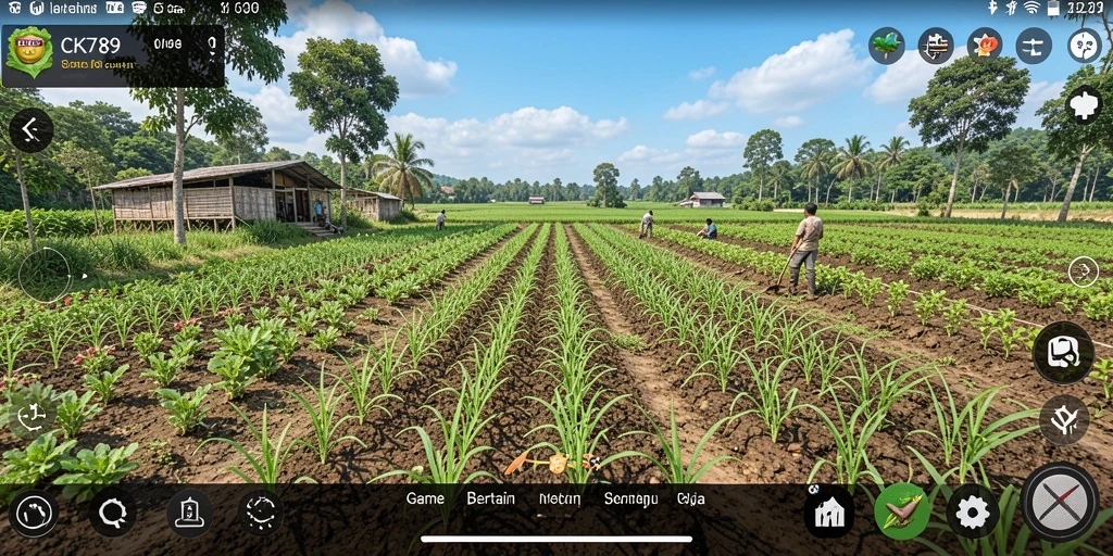 Tampilan gameplay CK789 yang menampilkan suasana ladang hijau dan aktivitas bertani.