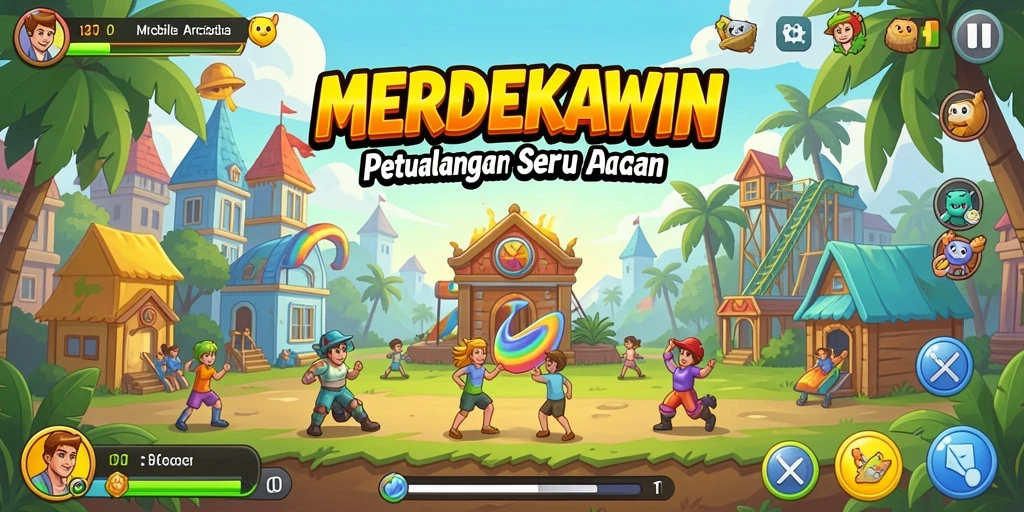 Tampilan gameplay MERDEKAWIN yang penuh aksi dan warna.