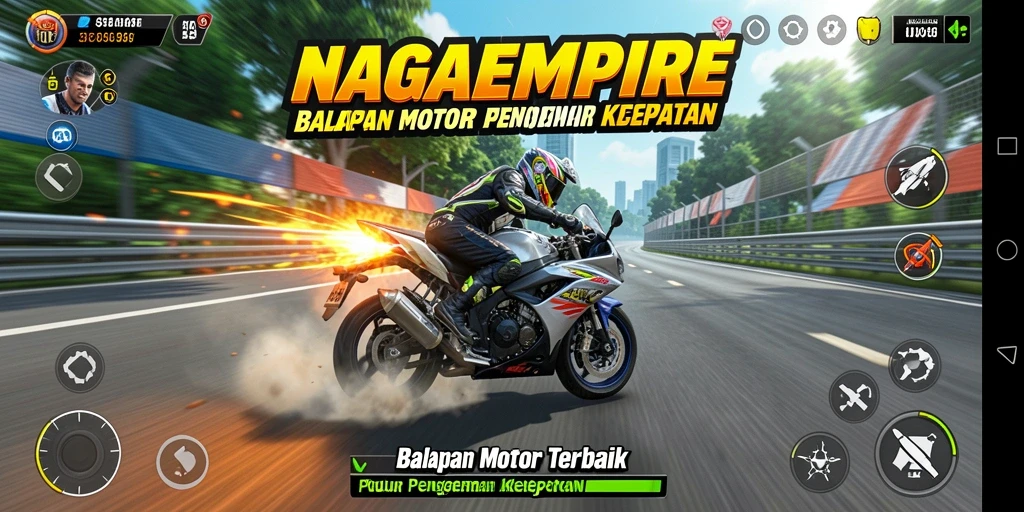 Gameplay NAGAEMPIRE yang mendebarkan dalam balapan motor.