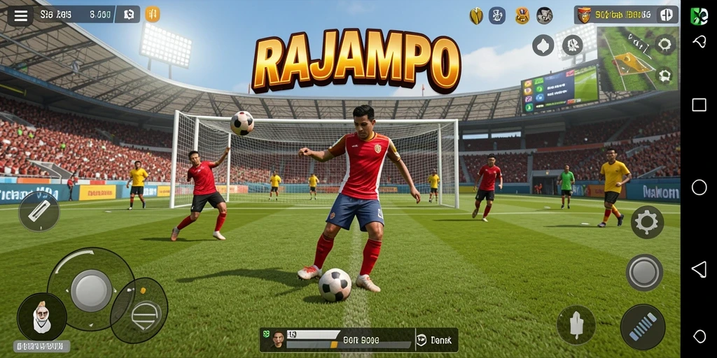 Tampilan gameplay seru dalam RAJAMPO saat pertandingan sepak bola.