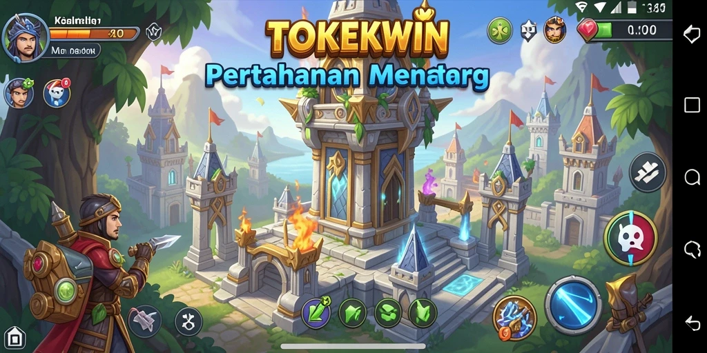 Gameplay TOKEKWIN dengan menara pertahanan yang menarik.