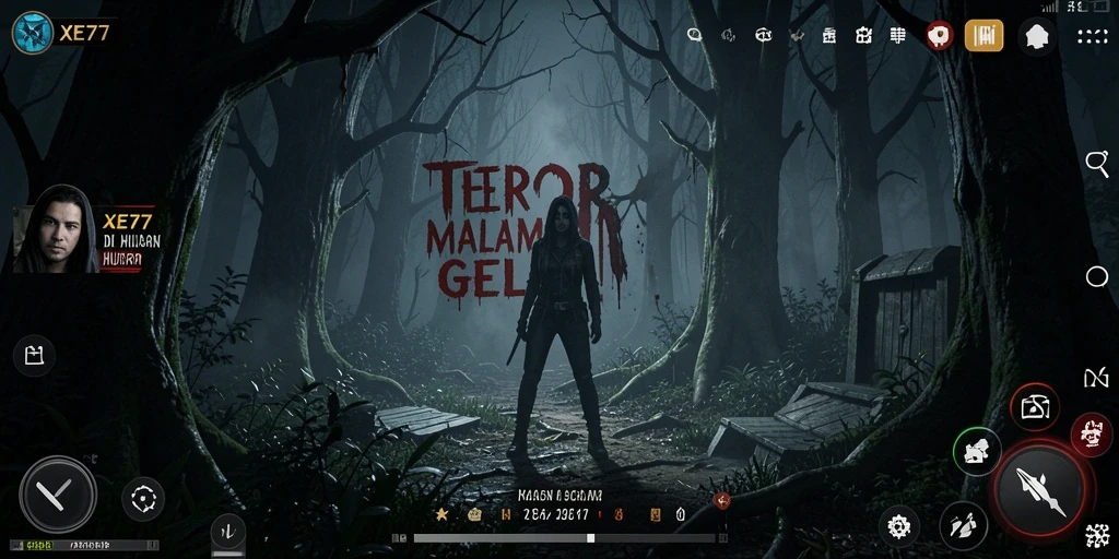 Gameplay menyeramkan XE77 dengan suasana hutan malam.